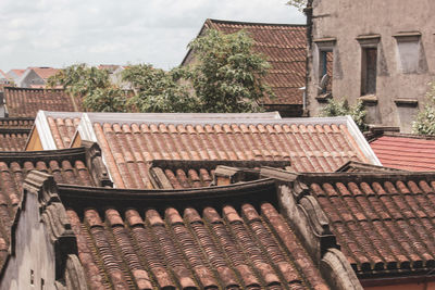 High angle view of residential building against sky