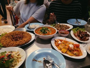 High angle view of food served on table