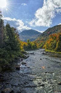 Scenic view of river amidst mountains against sky