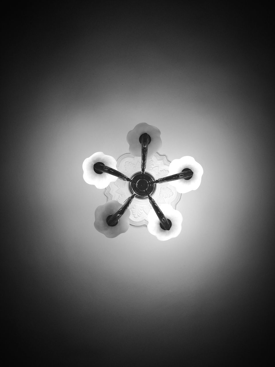 low angle view, electricity, ceiling fan, ceiling, indoors, no people, electric fan, vignette, hanging, illuminated, close-up, day