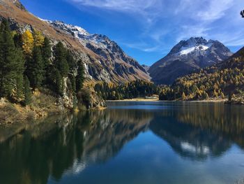 Scenic view of lake and mountains against sky