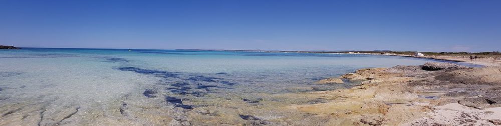 Scenic view of beach against clear blue sky