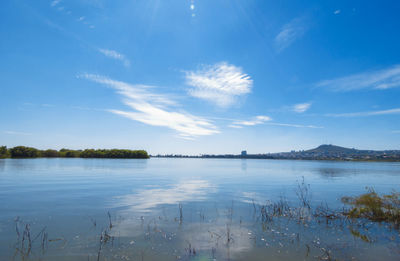 Scenic view of lake against blue sky