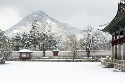 Snow covered landscape against sky