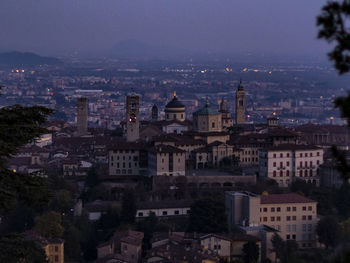 High angle view of bergamo città alta after the sunset