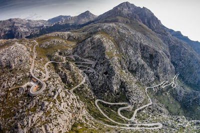 High angle view of mountains against sky