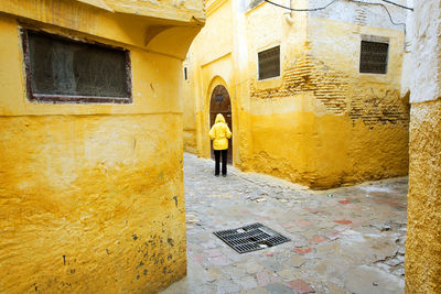 Rear view of man walking at alley amidst houses