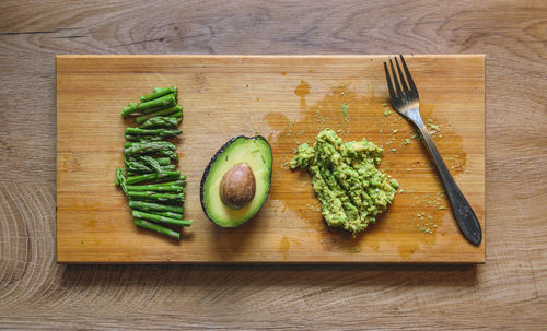 Overhead photo of avocado toast ingredients on wooden cutting board