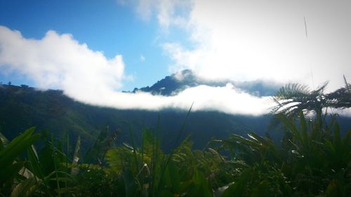 Scenic view of mountains against cloudy sky