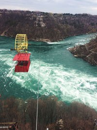 High angle view of red ship in sea