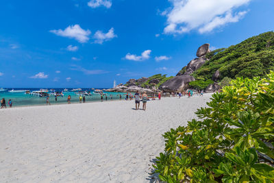 People on beach against sky