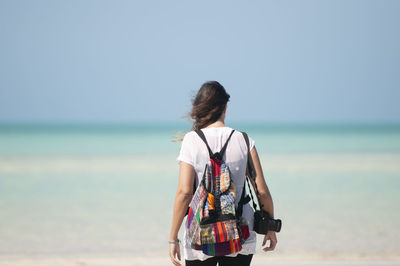 Rear view of man looking at sea against sky