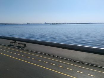 Scenic view of sea against clear blue sky