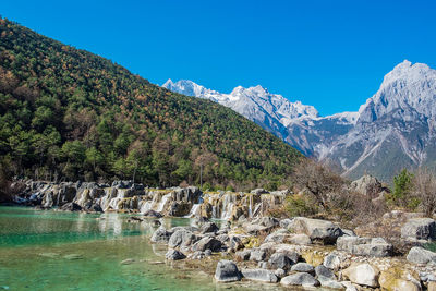 Scenic view of mountains against clear blue sky