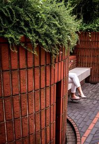 Low section of woman sitting on footpath