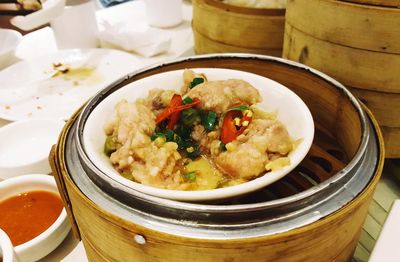 High angle view of soup served on table