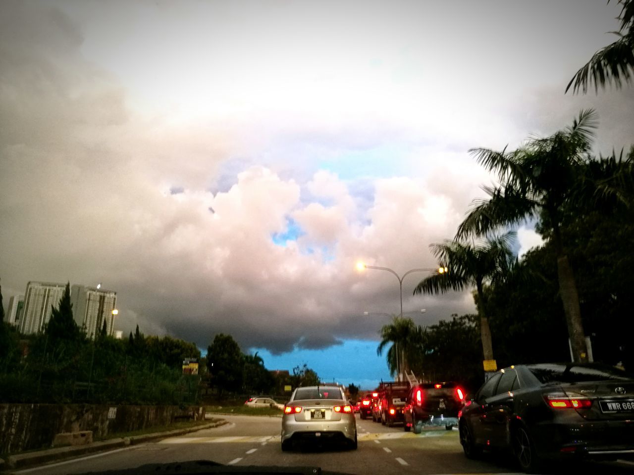 car, transportation, tree, land vehicle, road, mode of transport, sky, cloud - sky, city, no people, outdoors, nature, day