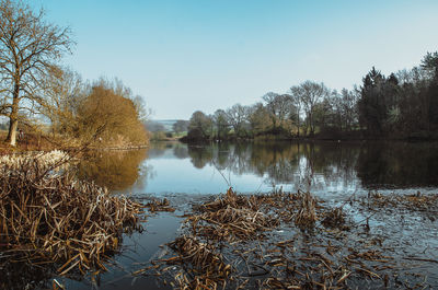 Scenic view of lake against clear sky