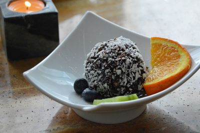 Close-up of dessert in plate on table