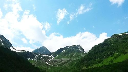 Scenic view of mountains against cloudy sky