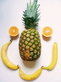 Close-up of fruits in plate against white background