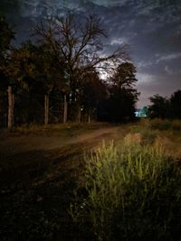 Trees growing on field against sky at dusk