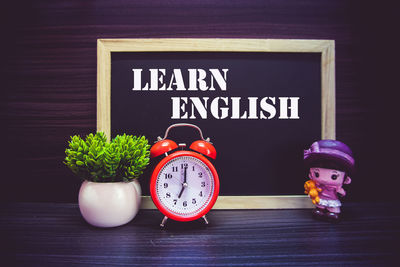 Close-up of text on table