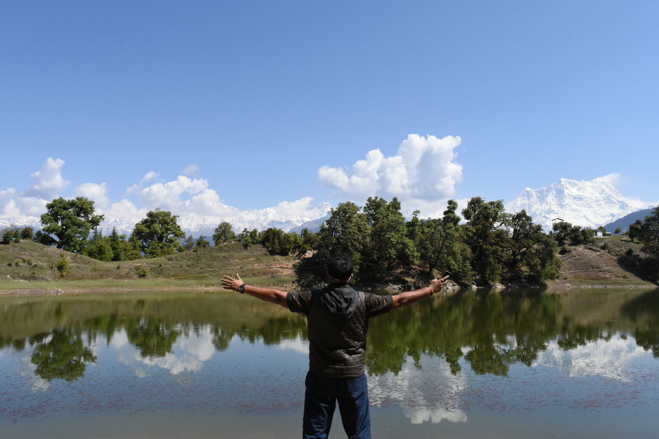 REAR VIEW OF MAN STANDING BY LAKE