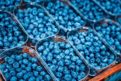 Close-up of blueberries in containers for sale at market