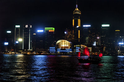 Boats sailing in river at night