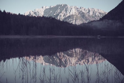 Scenic view of lake by snowcapped mountains against sky