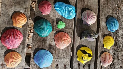 High angle view of multi colored umbrellas on table