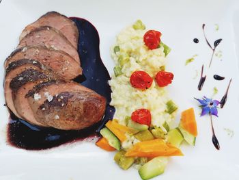 High angle view of breakfast served in plate