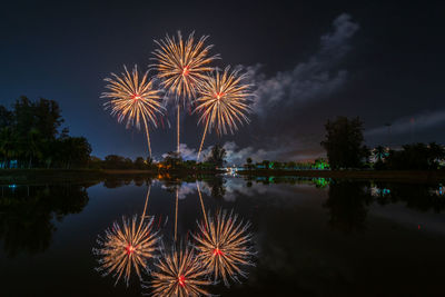 Firework display over lake against sky at night