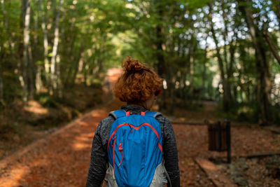 Rear view of woman standing in forest