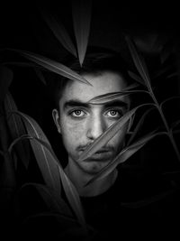 Portrait of young man looking through plants against black background