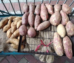 High angle view of sweet potatoes in metallic crate for sale