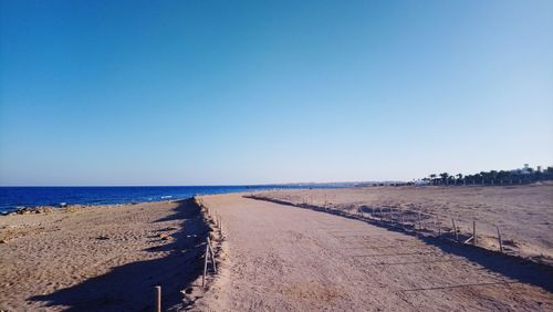 Scenic view of beach against clear blue sky