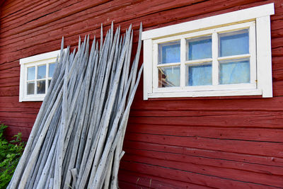 Low angle view of closed wooden door of building