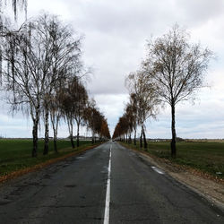 Empty road along bare trees against sky