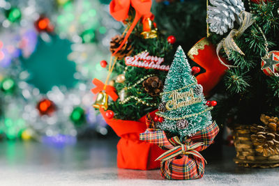 Close-up of christmas decorations on tree