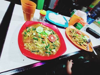 High angle view of food served on table