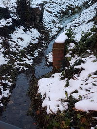 Reflection of snow on puddle