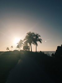 Silhouette palm trees against clear sky during sunset