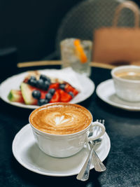 Close-up of cappuccino on table