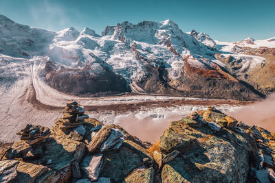 Panoramic view of the gorner glacier and monte rosa mountain range in switzerland .