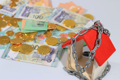 Close-up of padlocks on metal