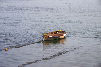 High angle view of boat sailing in sea