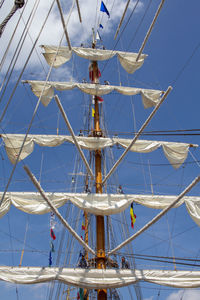 Low angle view of sailboat on sea against sky