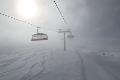 Overhead cable car over snow covered land